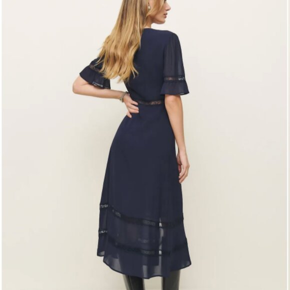 Reformation Woodson Dress, Navy, Size 8 - Picture 3 of 6
